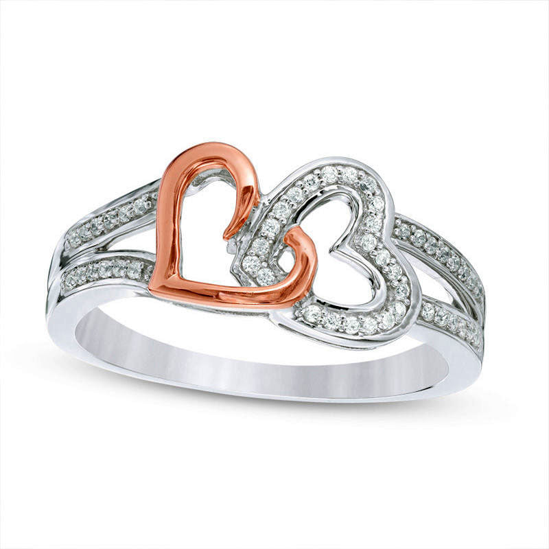 Image of ID 1 013 CT TW Natural Diamond Interlocking Heart Ring in Sterling Silver and Solid 10K Rose Gold