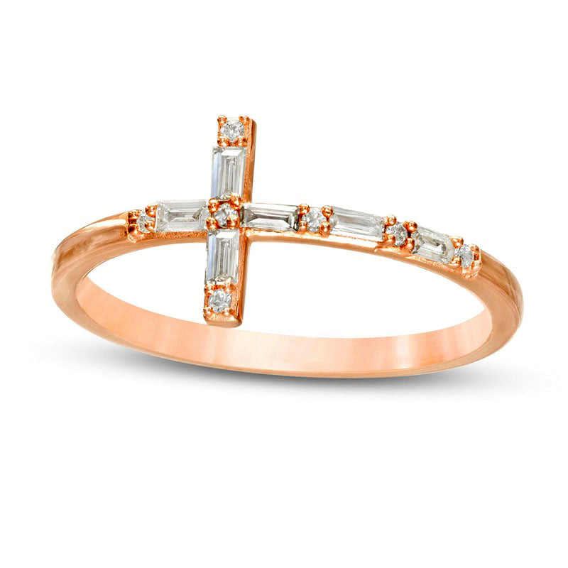 Image of ID 1 017 CT TW Baguette and Round Natural Diamond Sideways Cross Ring in Solid 10K Rose Gold