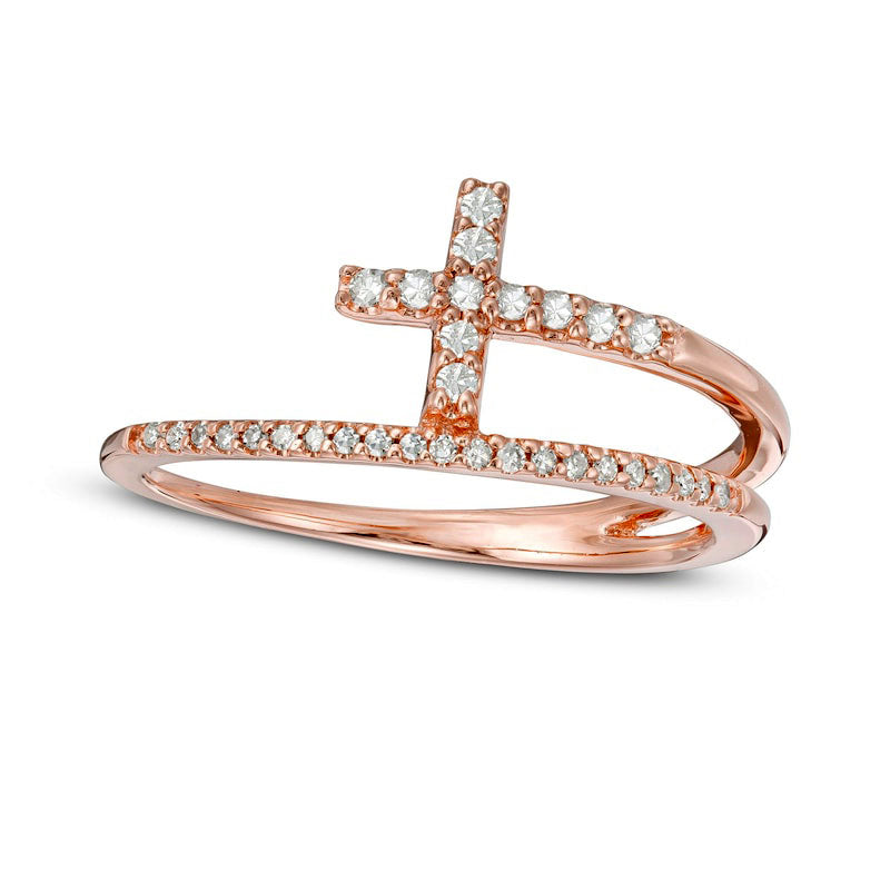 Image of ID 1 017 CT TW Natural Diamond Cross Split Shank Stacked Ring in Solid 10K Rose Gold