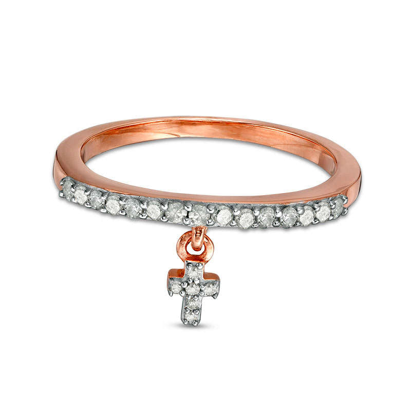 Image of ID 1 020 CT TW Natural Diamond Cross Charm Ring in Sterling Silver with Solid 14K Rose Gold Plate
