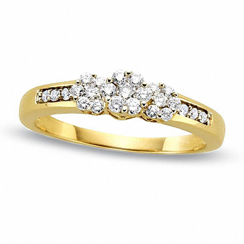 Image of ID 1 020 CT TW Natural Diamond Flower Three Stone Ring in Solid 10K Yellow Gold
