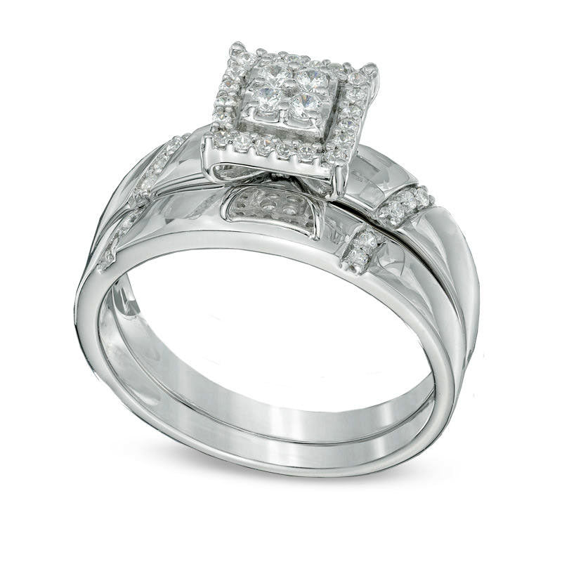 Image of ID 1 020 CT TW Natural Diamond Square Frame Bridal Engagement Ring Set in Solid 10K White Gold