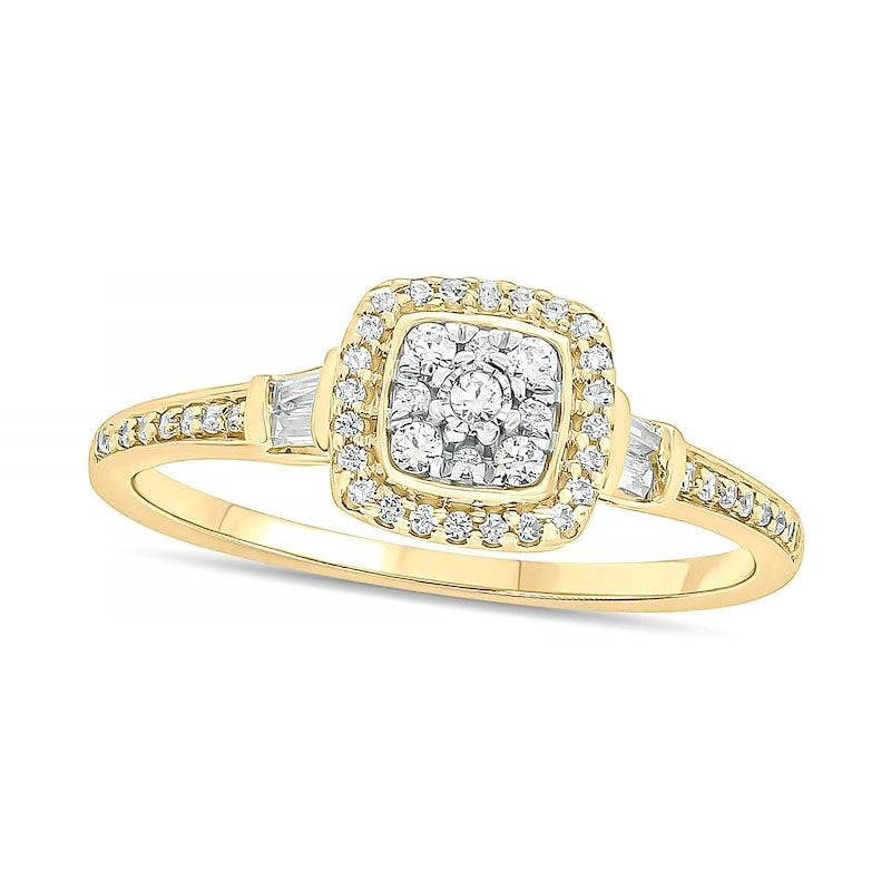 Image of ID 1 025 CT TW Composite Baguette and Round Natural Diamond Cushion-Shape Frame Promise Ring in Solid 10K Yellow Gold