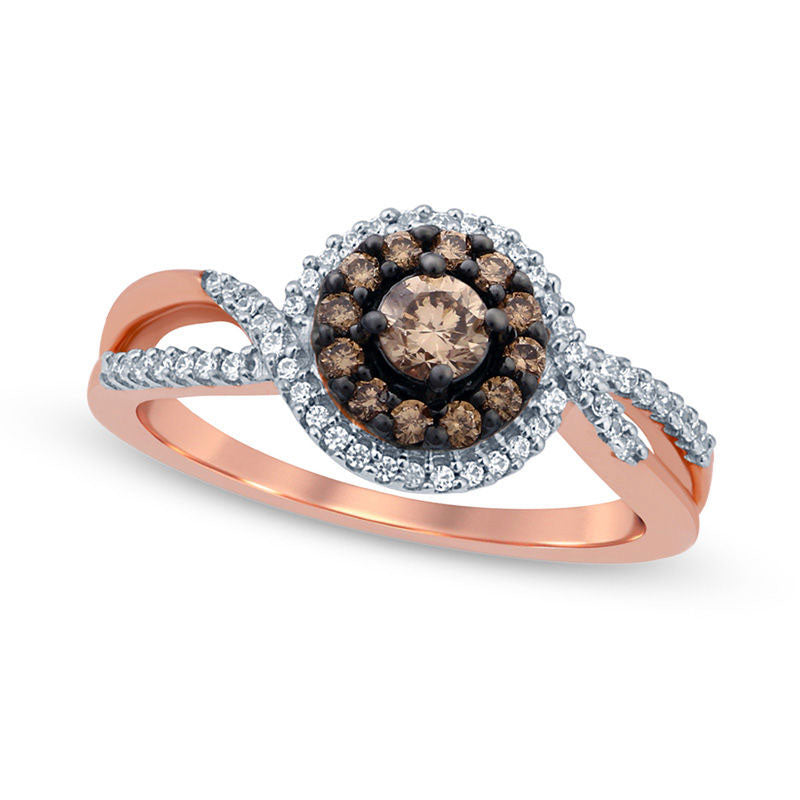 Image of ID 1 025 CT TW Composite Champagne and White Natural Diamond Swirl Split Shank Promise Ring in Solid 14K Rose Gold
