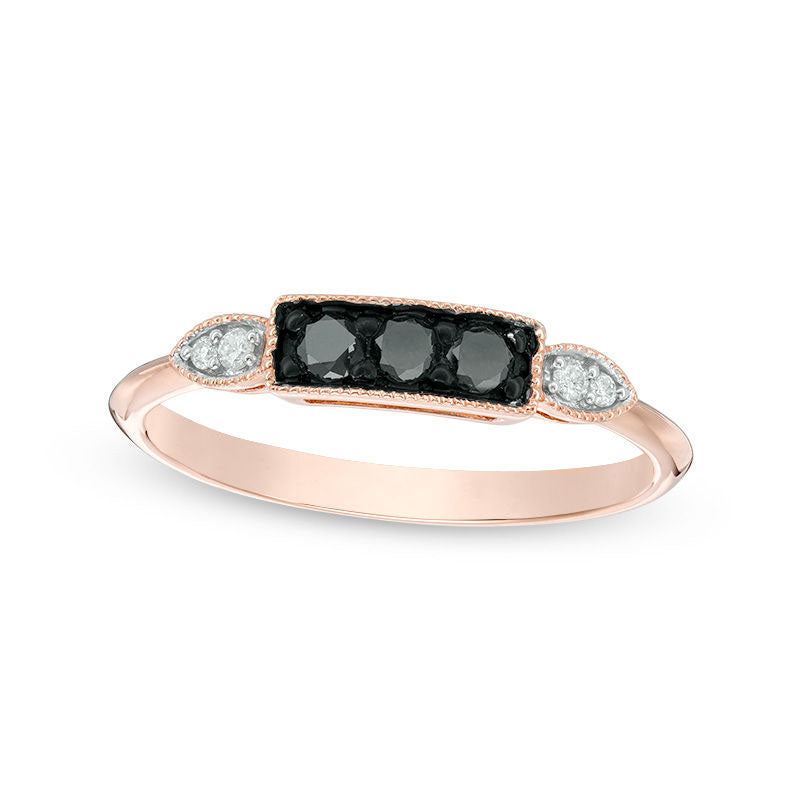 Image of ID 1 025 CT TW Enhanced Black and White Natural Diamond Three Stone Antique Vintage-Style Ring in Solid 10K Rose Gold