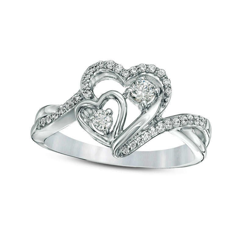 Image of ID 1 025 CT TW Natural Diamond Double Heart Bypass Promise Ring in Sterling Silver