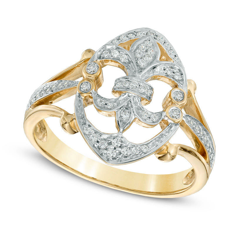 Image of ID 1 025 CT TW Natural Diamond Fleur-de-Lis Ring in Sterling Silver and Solid 14K Gold Plate