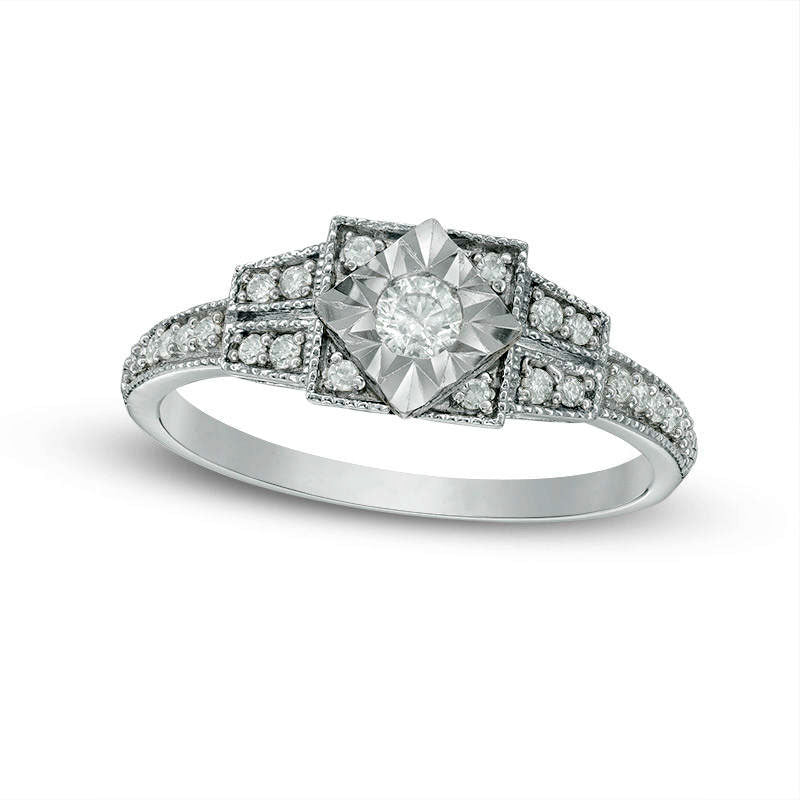 Image of ID 1 025 CT TW Natural Diamond Square Frame Art Deco Antique Vintage-Style Promise Ring in Sterling Silver