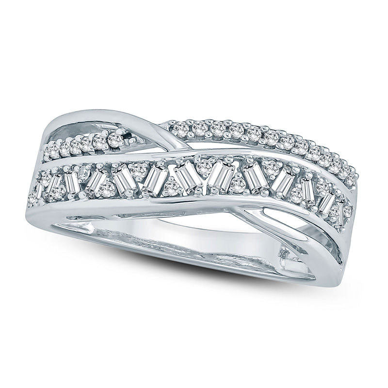 Image of ID 1 033 CT TW Baguette and Round Natural Diamond Crossover Ring in Solid 10K White Gold