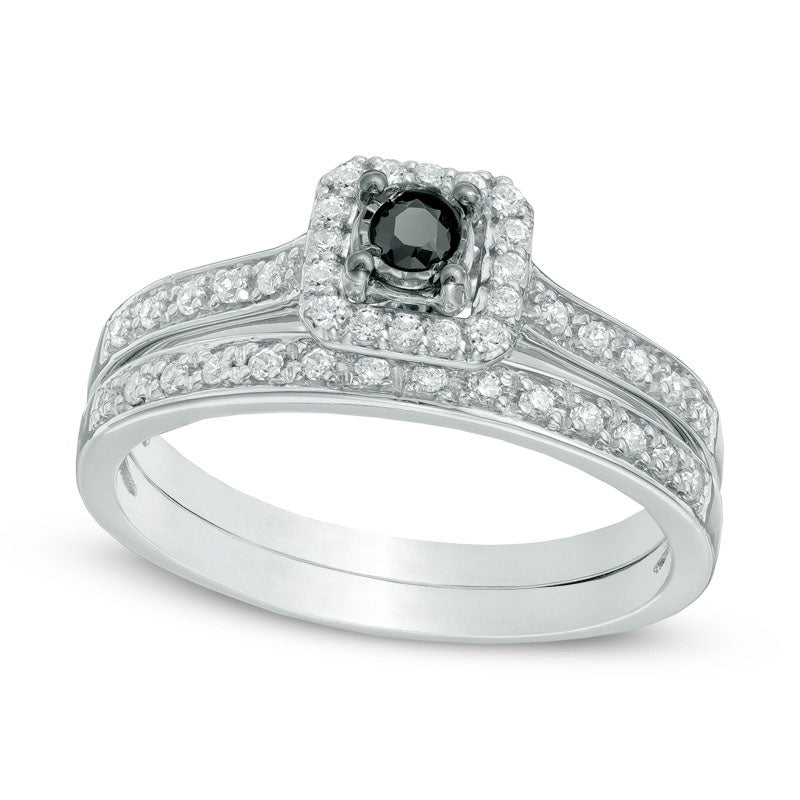 Image of ID 1 033 CT TW Enhanced Black and White Natural Diamond Square Frame Bridal Engagement Ring Set in Sterling Silver