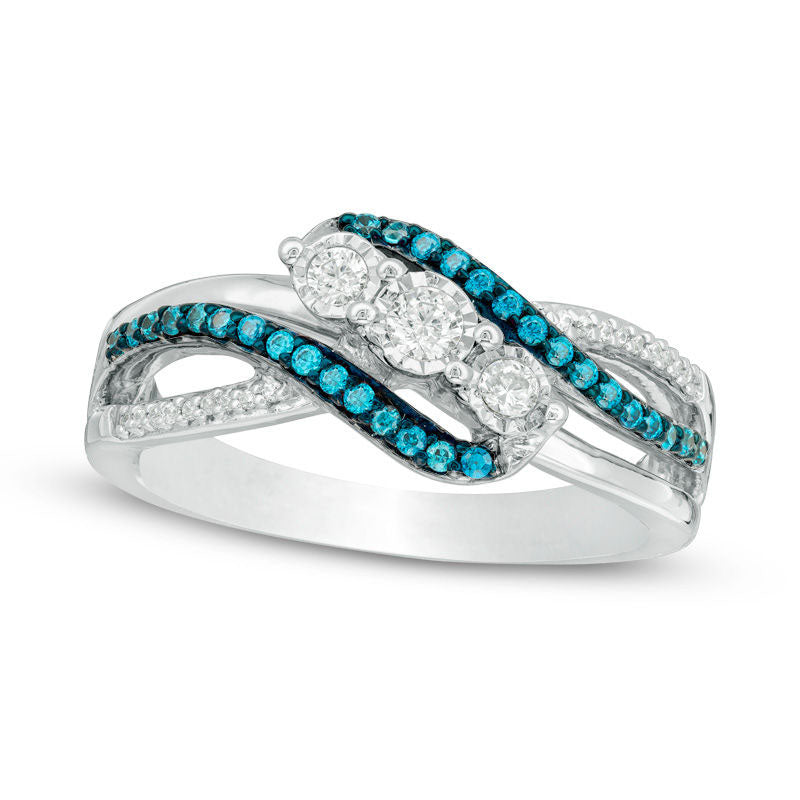 Image of ID 1 033 CT TW Enhanced Blue and White Natural Diamond Three Stone Bypass Ring in Sterling Silver