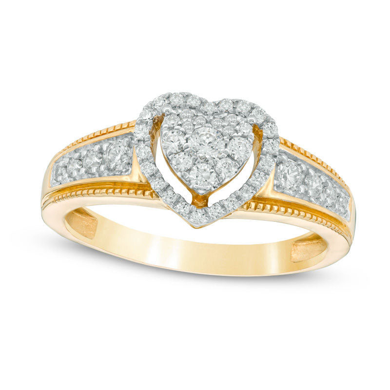 Image of ID 1 033 CT TW Natural Diamond Double Heart Frame Antique Vintage-Style Engagement Ring in Solid 10K Yellow Gold