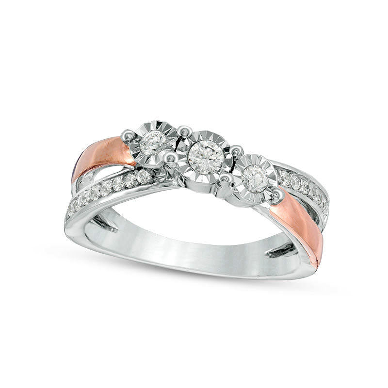 Image of ID 1 033 CT TW Natural Diamond Three Stone Crossover Engagement Ring in Sterling Silver and Solid 10K Rose Gold
