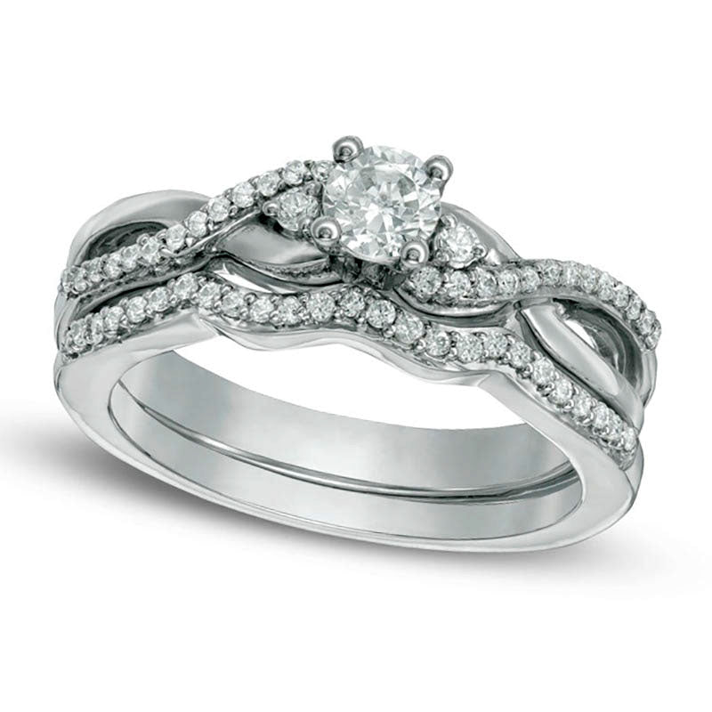 Image of ID 1 033 CT TW Natural Diamond Three Stone Twist Bridal Engagement Ring Set in Sterling Silver