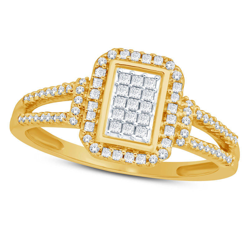 Image of ID 1 033 CT TW Princess-Cut Composite Natural Diamond Rectangle Frame Ring in Solid 10K Yellow Gold
