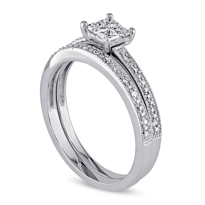 Image of ID 1 033 CT TW Quad Princess-Cut Natural Diamond Antique Vintage-Style Bridal Engagement Ring Set in Solid 10K White Gold
