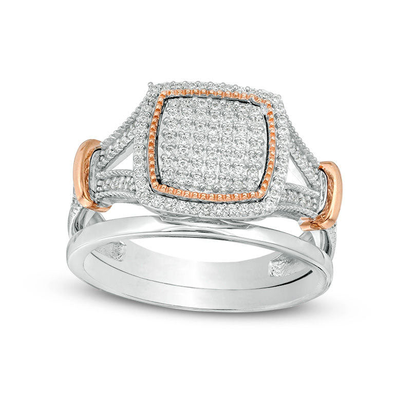 Image of ID 1 038 CT TW Composite Natural Diamond Cushion Frame Collar Antique Vintage-Style Bridal Engagement Ring Set in Sterling Silver and Solid 10K Rose Gold