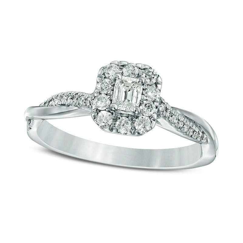 Image of ID 1 038 CT TW Emerald-Cut Natural Diamond Frame Twist Engagement Ring in Solid 10K White Gold