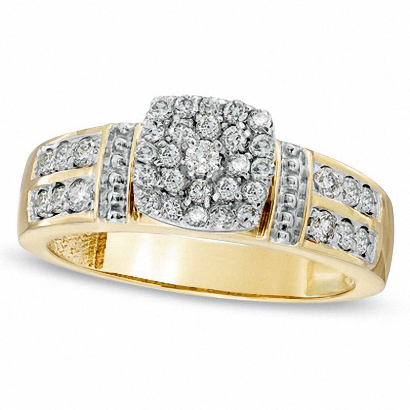 Image of ID 1 038 CT TW Natural Diamond Cluster Double Row Engagement Ring in Solid 10K Yellow Gold