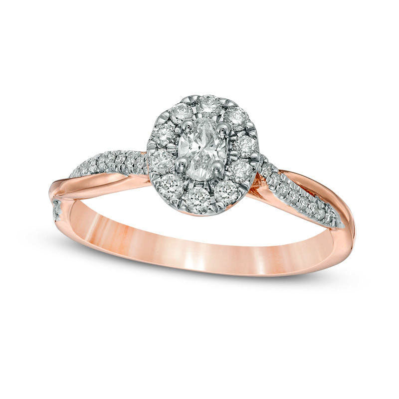 Image of ID 1 038 CT TW Oval Natural Diamond Frame Twist Engagement Ring in Solid 10K Rose Gold