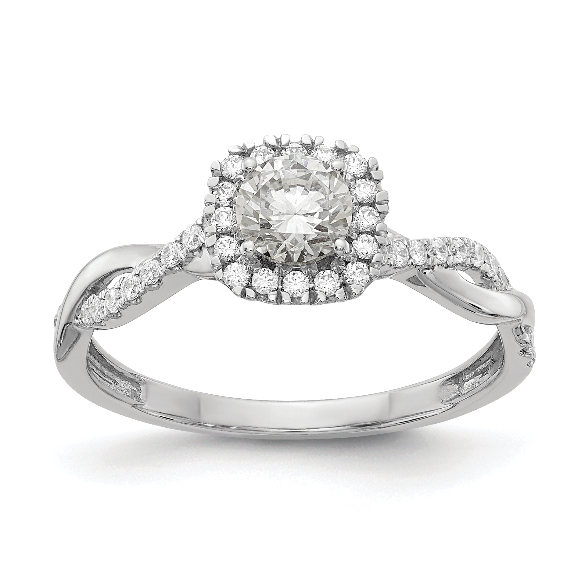 Image of ID 1 038ct CZ Solid Real 14k White Gold Halo Twist Design Engagement Ring