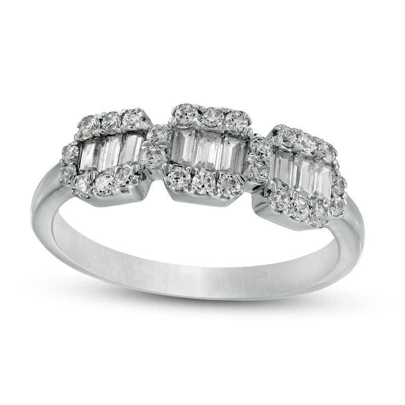 Image of ID 1 050 CT TW Baguette and Round Natural Diamond Composite Three Stone Ring in Solid 10K White Gold