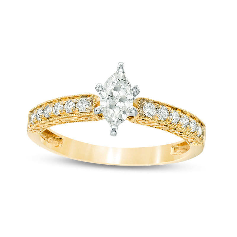 Image of ID 1 050 CT TW Certified Marquise Natural Diamond Filigree Antique Vintage-Style Engagement Ring in Solid 14K Gold (I/I1)