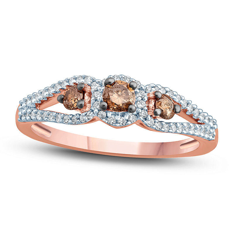 Image of ID 1 050 CT TW Champagne and White Natural Diamond Three Stone Engagement Ring in Solid 10K Rose Gold