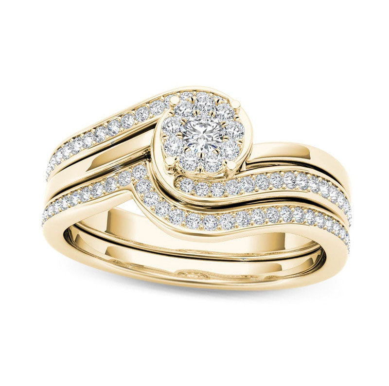 Image of ID 1 050 CT TW Composite Natural Diamond Flower Bypass Bridal Engagement Ring Set in Solid 14K Gold