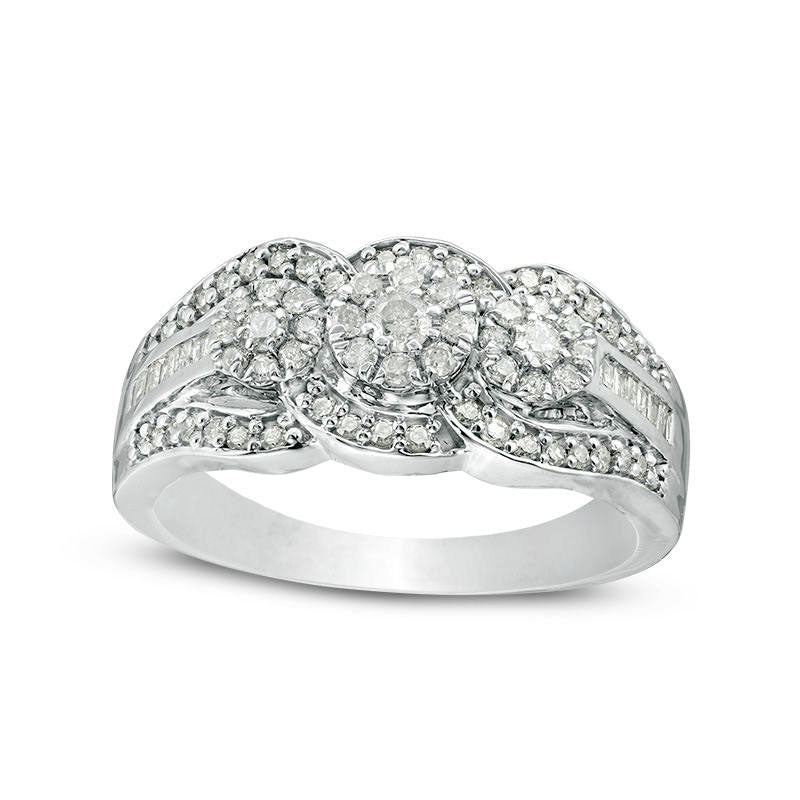 Image of ID 1 050 CT TW Composite Natural Diamond Three Stone Frame Bypass Engagement Ring in Sterling Silver