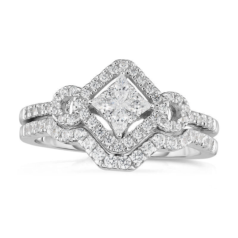 Image of ID 1 050 CT TW Composite Natural Diamond Tilted Double Square Frame Bridal Engagement Ring Set in Solid 14K White Gold