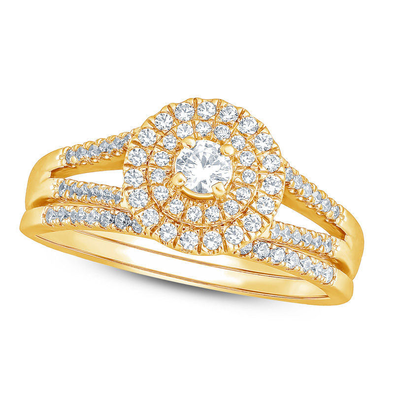 Image of ID 1 050 CT TW Natural Diamond Double Frame Bridal Engagement Ring Set in Solid 10K Yellow Gold