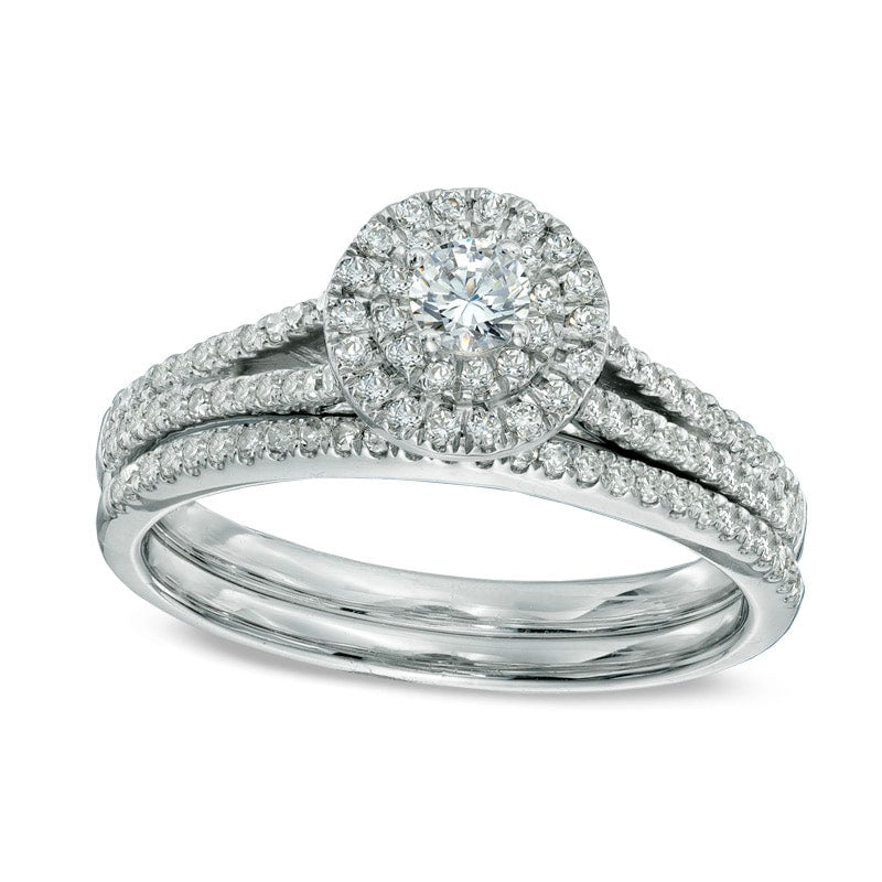 Image of ID 1 050 CT TW Natural Diamond Double Frame Bridal Engagement Ring Set in Solid 14K White Gold