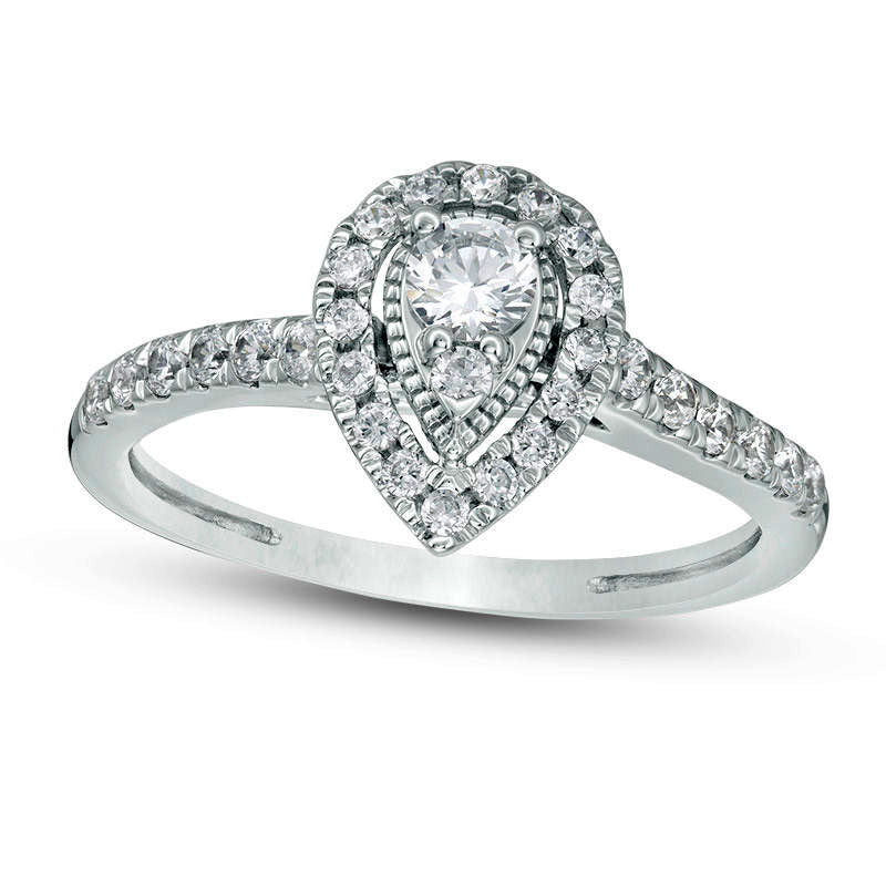 Image of ID 1 050 CT TW Natural Diamond Pear-Shaped Frame Antique Vintage-Style Engagement Ring in Solid 14K White Gold
