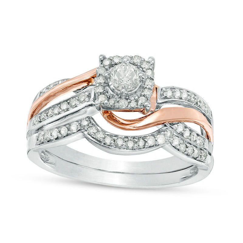 Image of ID 1 050 CT TW Natural Diamond Square Frame Bypass Bridal Engagement Ring Set in Solid 10K Two-Tone Gold