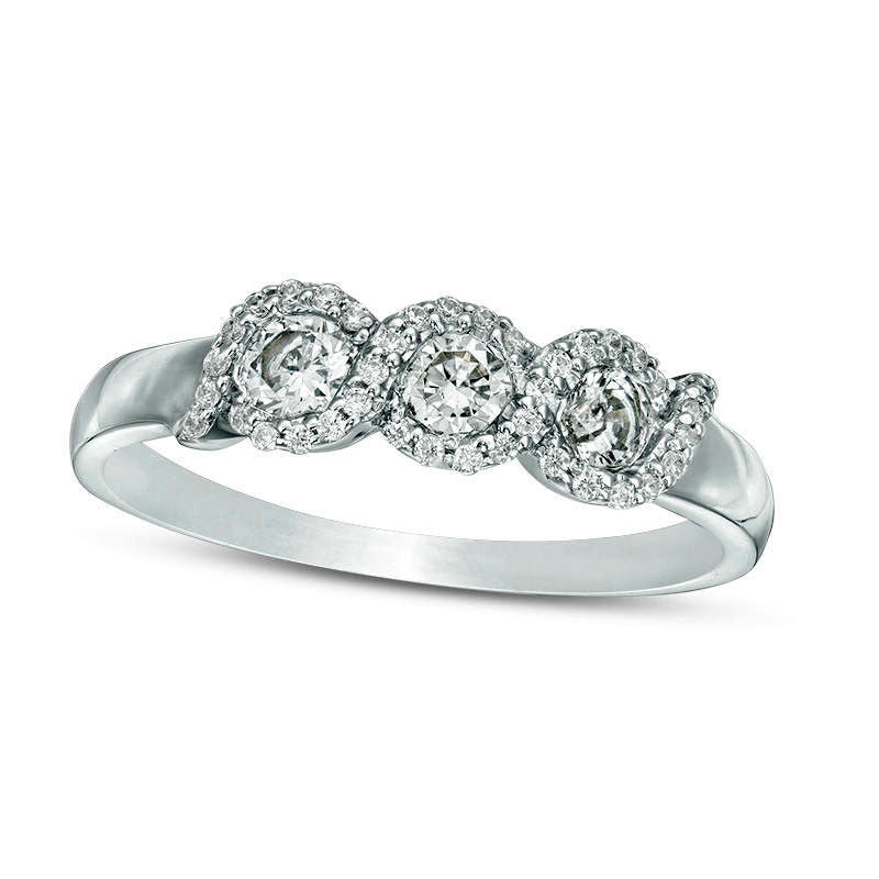 Image of ID 1 050 CT TW Natural Diamond Three Stone Twist Frame Engagement Ring in Solid 10K White Gold