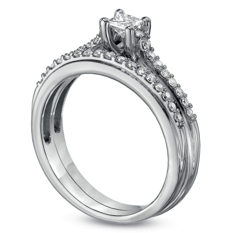 Image of ID 1 050 CT TW Princess-Cut Natural Diamond Bridal Engagement Ring Set in Solid 14K White Gold