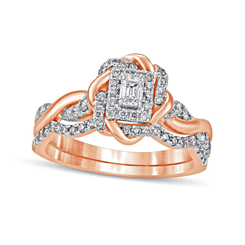 Image of ID 1 063 CT TW Emerald-Cut Natural Diamond Frame Twist Shank Bridal Engagement Ring Set in Solid 10K Rose Gold