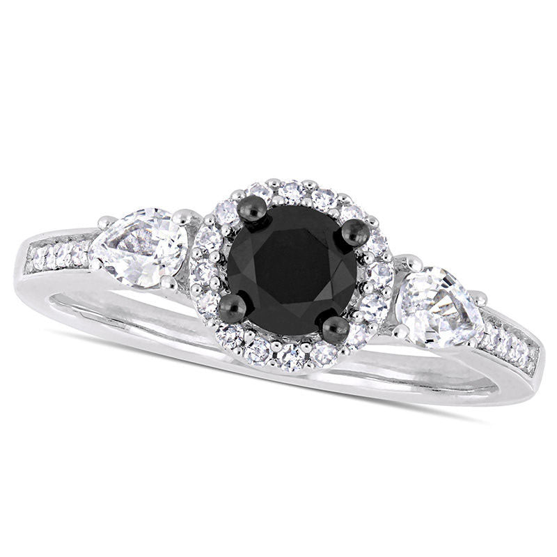 Image of ID 1 063 CT TW Enhanced Black Natural Diamond and White Sapphire Three Stone Frame Engagement Ring in Solid 10K White Gold