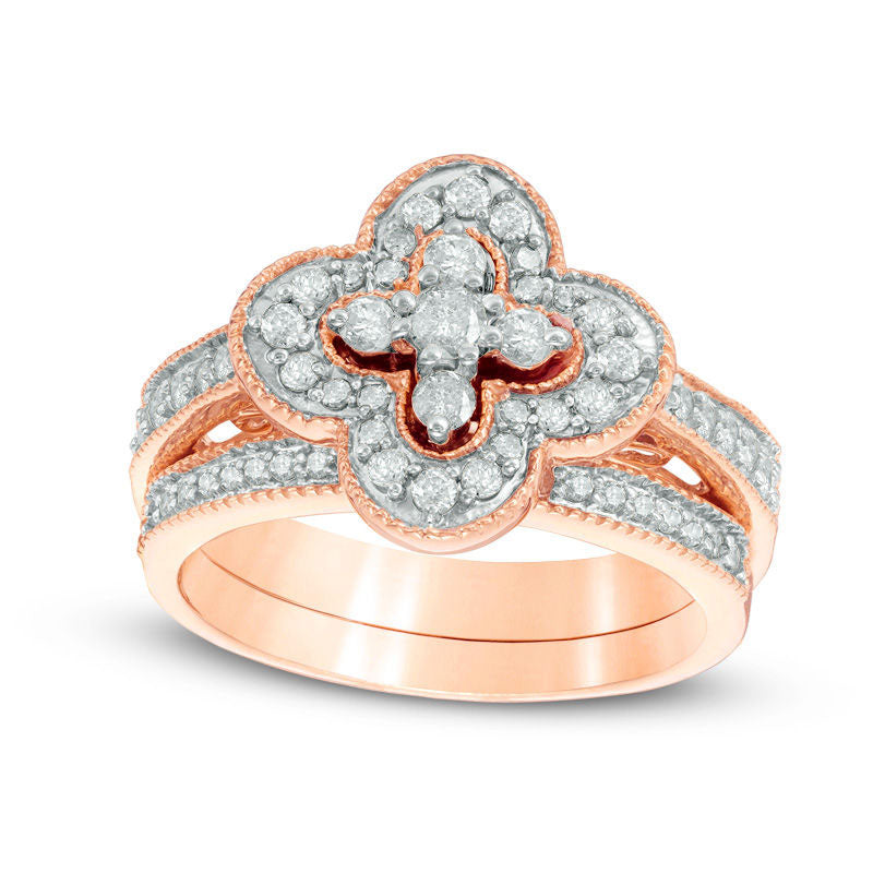Image of ID 1 063 CT TW Natural Diamond Clover Frame Antique Vintage-Style Bridal Engagement Ring Set in Solid 10K Rose Gold