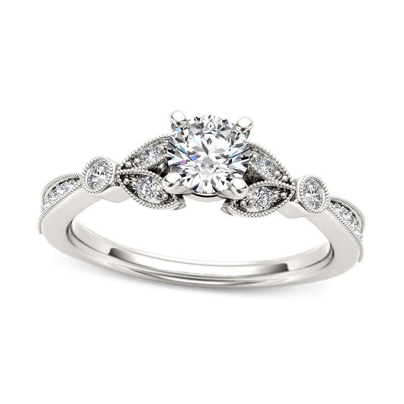 Image of ID 1 063 CT TW Natural Diamond Leaf Antique Vintage-Style Engagement Ring in Solid 14K White Gold