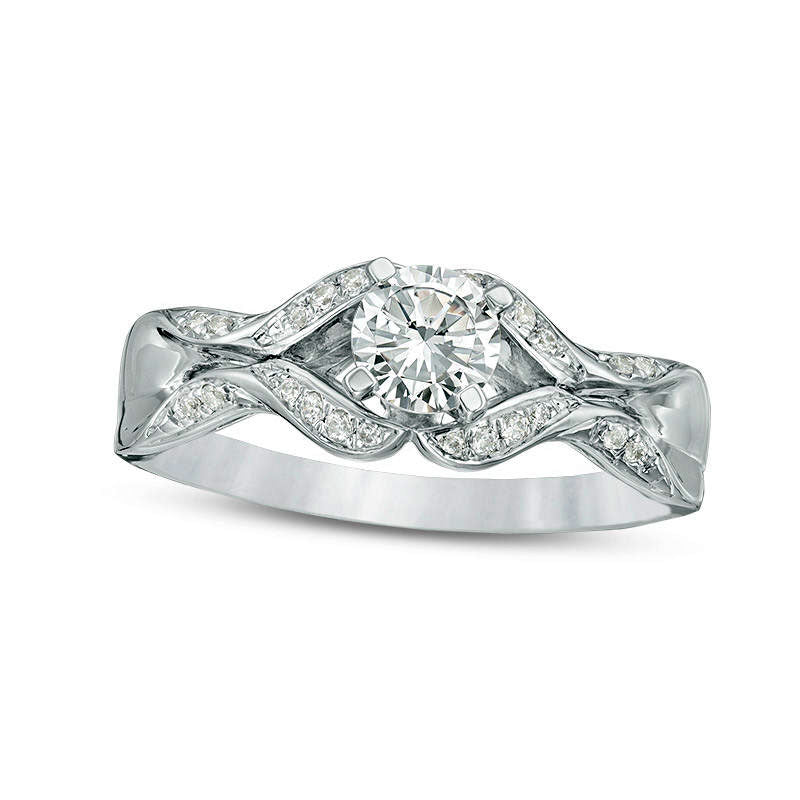 Image of ID 1 063 CT TW Natural Diamond Ribbon Shank Engagement Ring in Solid 14K White Gold