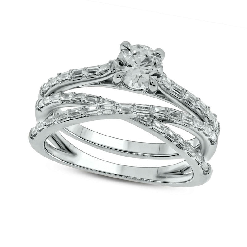 Image of ID 1 075 CT TW Baguette and Round Natural Diamond Crossover Bridal Engagement Ring Set in Solid 10K White Gold