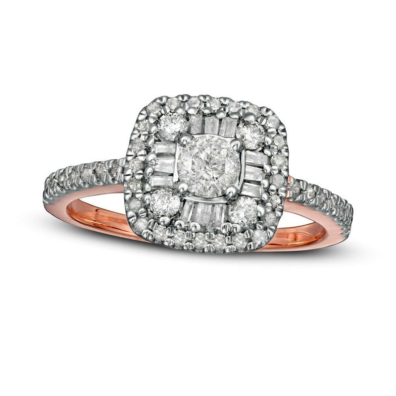 Image of ID 1 075 CT TW Baguette and Round Natural Diamond Cushion Frame Ring in Solid 10K Rose Gold