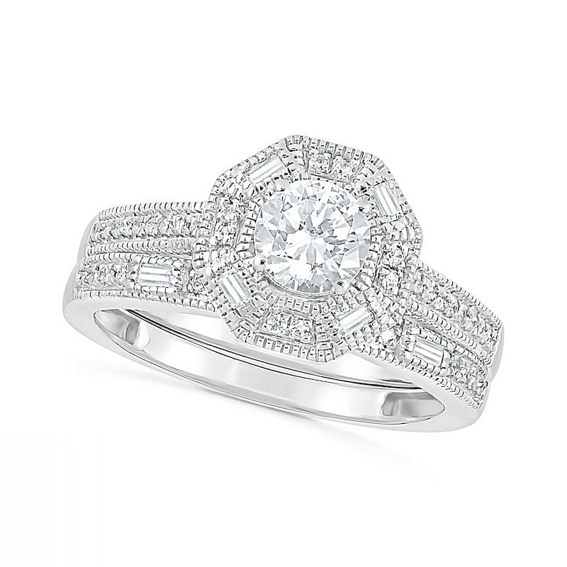 Image of ID 1 075 CT TW Baguette and Round Natural Diamond Octagonal Frame Antique Vintage-Style Bridal Engagement Ring Set in Solid 10K White Gold