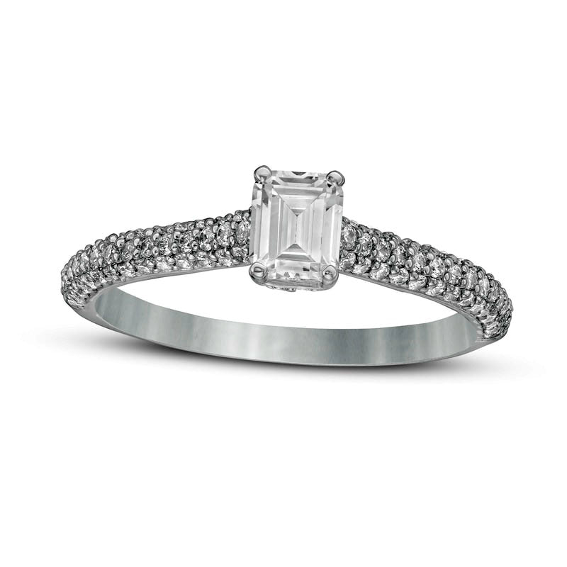 Image of ID 1 075 CT TW Emerald-Cut Natural Diamond Engagement Ring in Solid 14K White Gold
