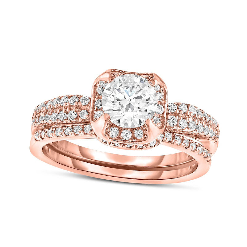 Image of ID 1 075 CT TW Natural Diamond Cushion Frame Double Row Bridal Engagement Ring Set in Solid 14K Rose Gold