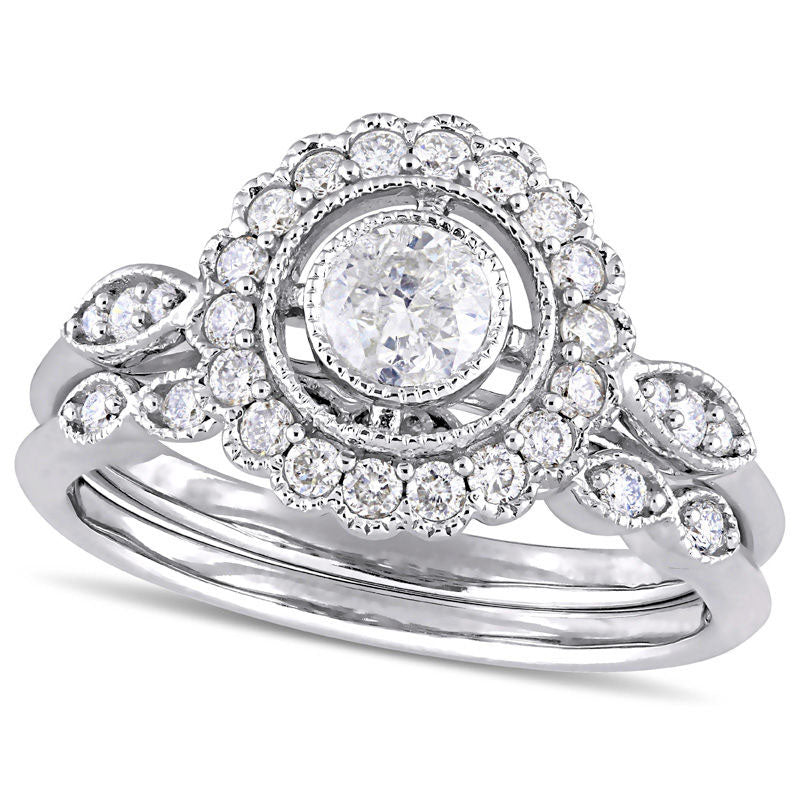 Image of ID 1 075 CT TW Natural Diamond Flower Frame Antique Vintage-Style Bridal Engagement Ring Set in Solid 10K White Gold