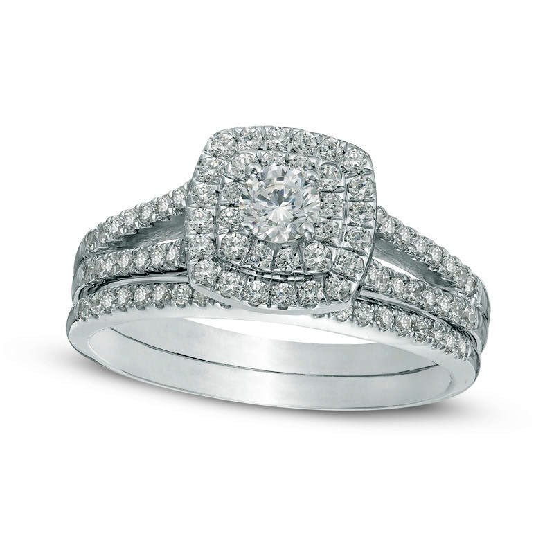 Image of ID 1 075 CT TW Natural Diamond Frame Split Shank Bridal Engagement Ring Set in Solid 10K White Gold