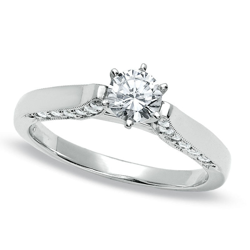Image of ID 1 075 CT TW Natural Diamond Milgrain Engagement Ring in Solid 14K White Gold